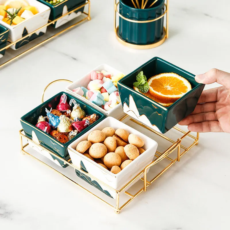 

White Atrovirens Three Four Six Grid Nordic Style Square Porcelain Fruit Salad Ceramic Deep Plate