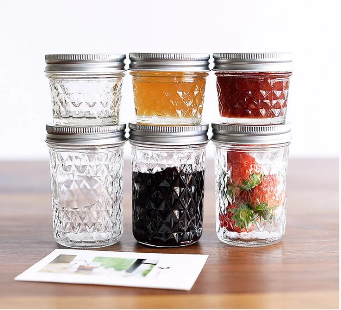 

Wholesale diamond caviar jar honey glass jar mason cup hot sauce jam jar with curled tinplate lid