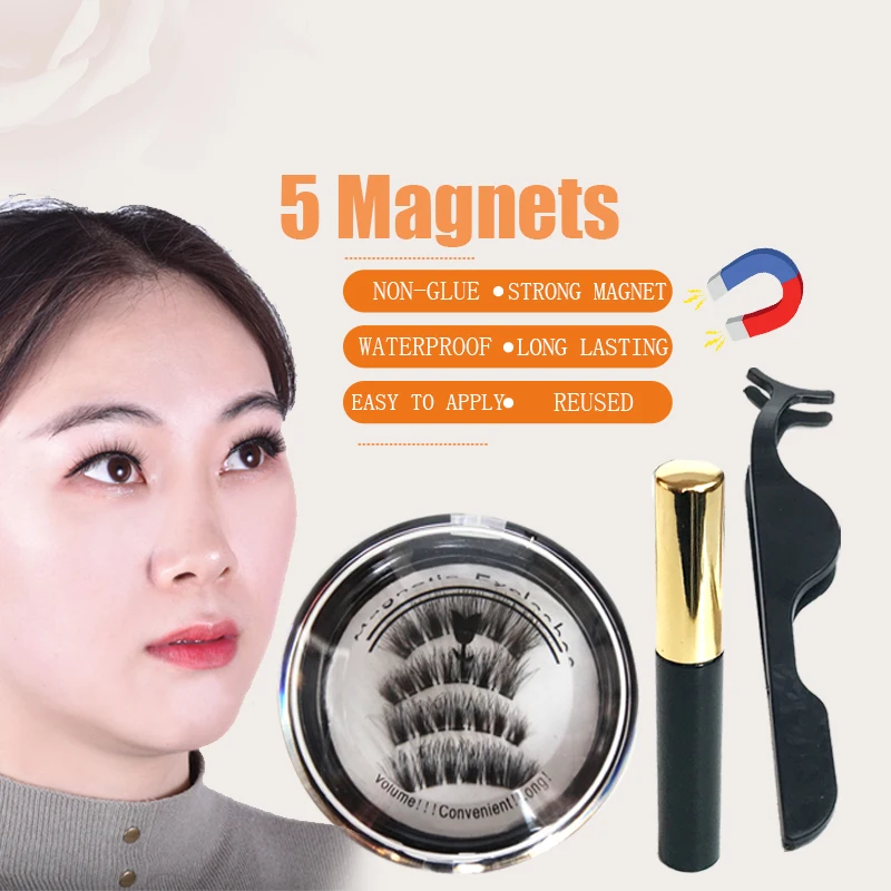 

Wholesale OEM 3d mink eyelashes private label 5 magnetic false vegan eyelash set with liquid eyeliner tweezers