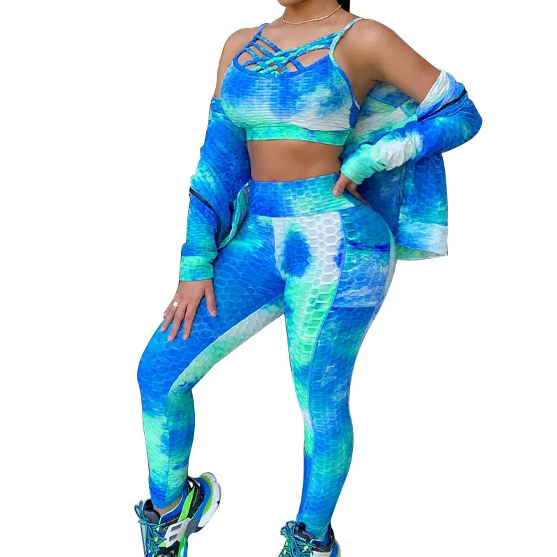 

21230-MX97 2021 latest designs tie dye 3 piece sets sports jumpsuit women sehe fashion