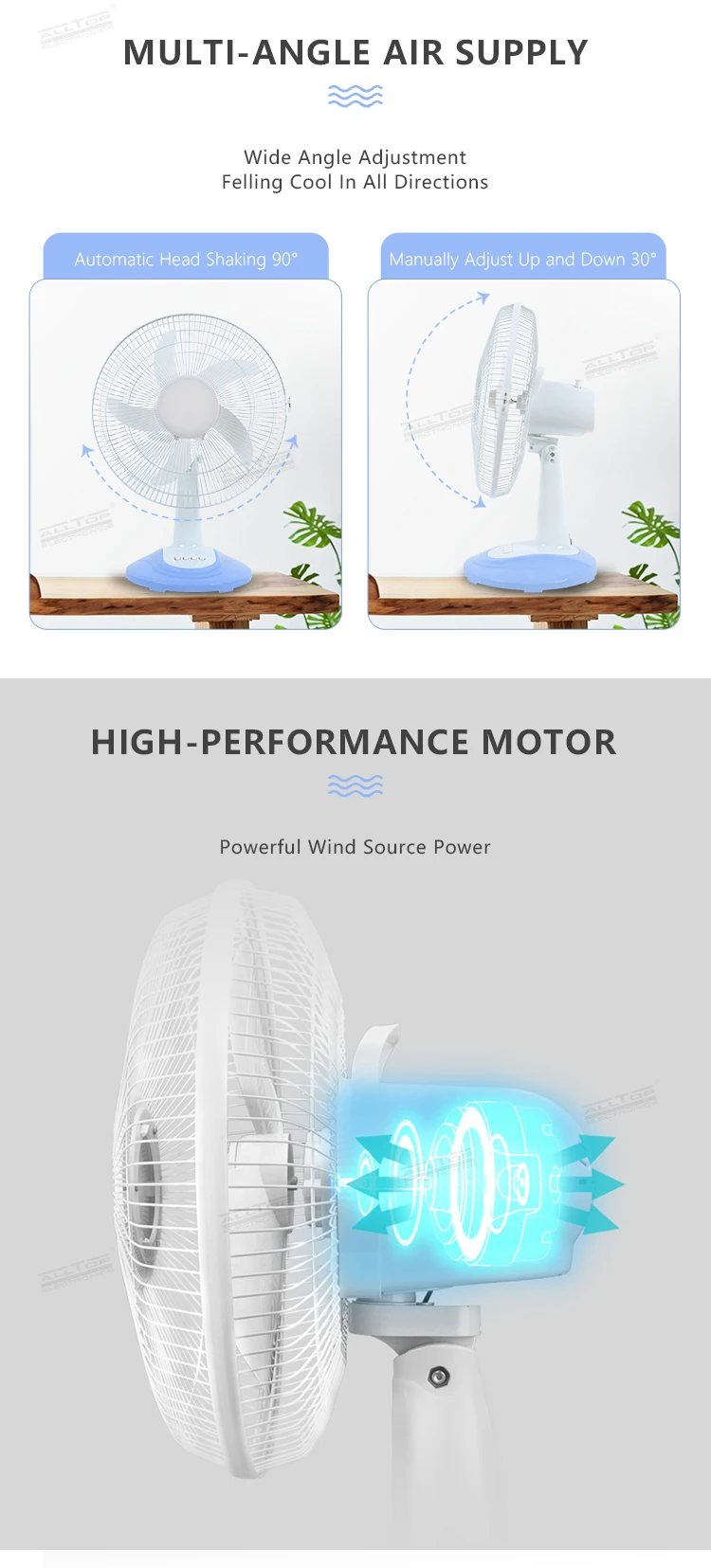 ALLTOP New design 16 inch three wind speed five blades rechargeable solar fan