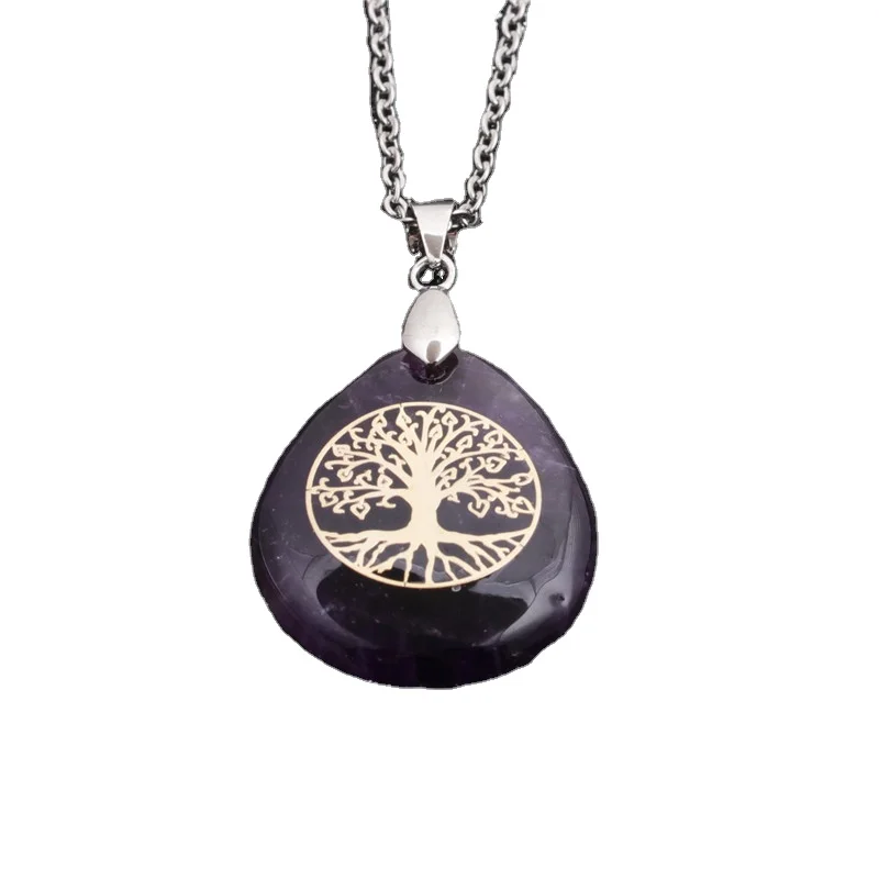 

Tree of Life Crystal Stone Pendant Necklace,Teardrop Natural Energy Healing Stones Pendant Chakra Jewelry Necklaces for Women, Pink green blue etc