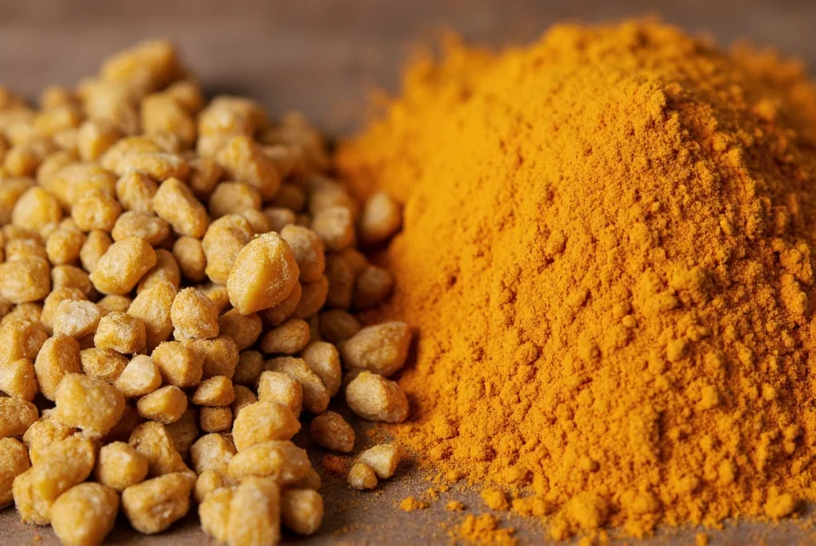 Close-up of asafoetida resin in its natural lump form alongside the powdered version in a traditional Indian spice container