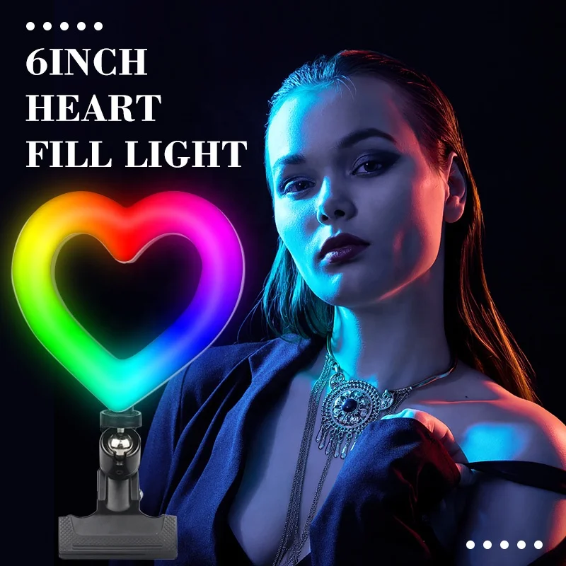 

Dimmable LED Selfie Makeup Heart Shape Light 6 Inch RGB Tabletop Ring Light With Desk Clip