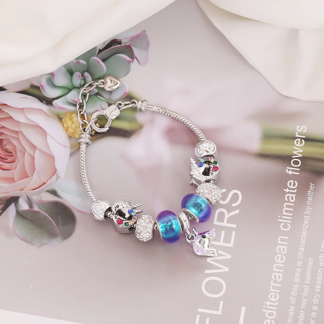 

Best Selling Crystal Rhinestone Flower Charm Bracelet CZ Cubic Zirconia Crown Unicorn Charm Bracelet For Women Party