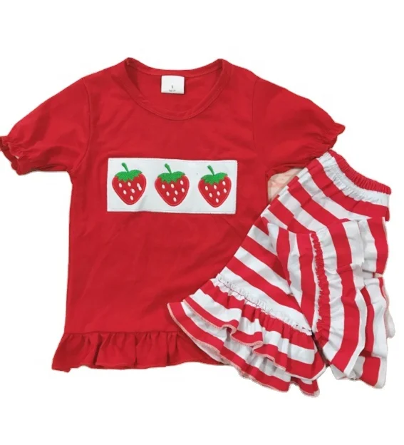 

2021 new arrival summer girl and boy clothes outfit strawberry embroidery short sleeve two pieces clothing set