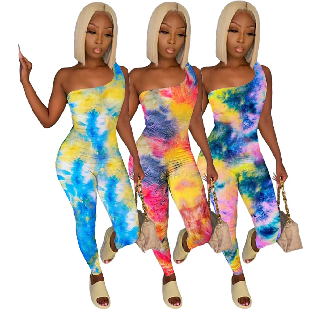 

GX3268 wholesale trending products 2021 new arrivals womens jumpsuits tie dye one shoulder sexy bodycon jumpsuit romper, Picture
