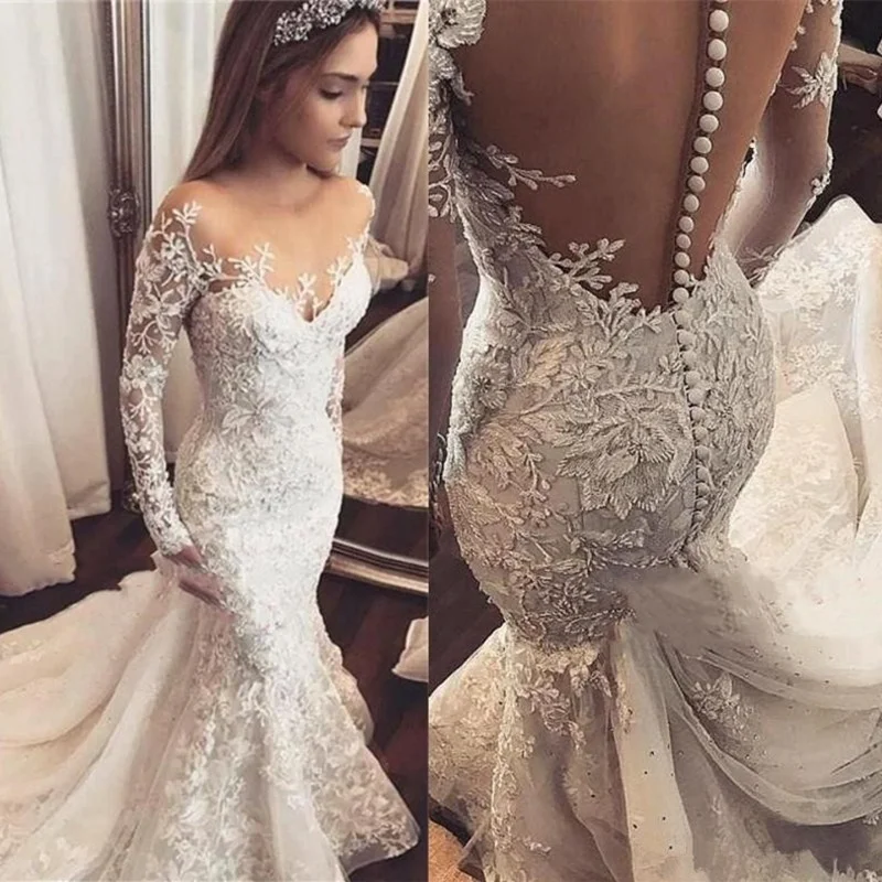 

Sexy Mermaid Wedding Dress See Through Back Full Sleeve Bridal Gown Vestido De Novia