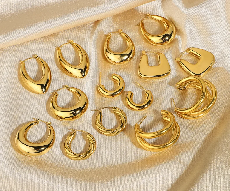 

2021 Wholesale C 14k Gold Plated Filled Hoops Earring Big Triple Twisted Jewelry Stainless Steel Gold Women Hoop Earrings