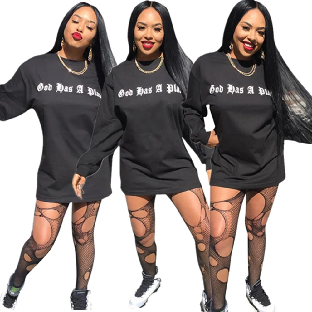 

FNDN8159 women fashion black letter printed long sleeve dress FNDN8159