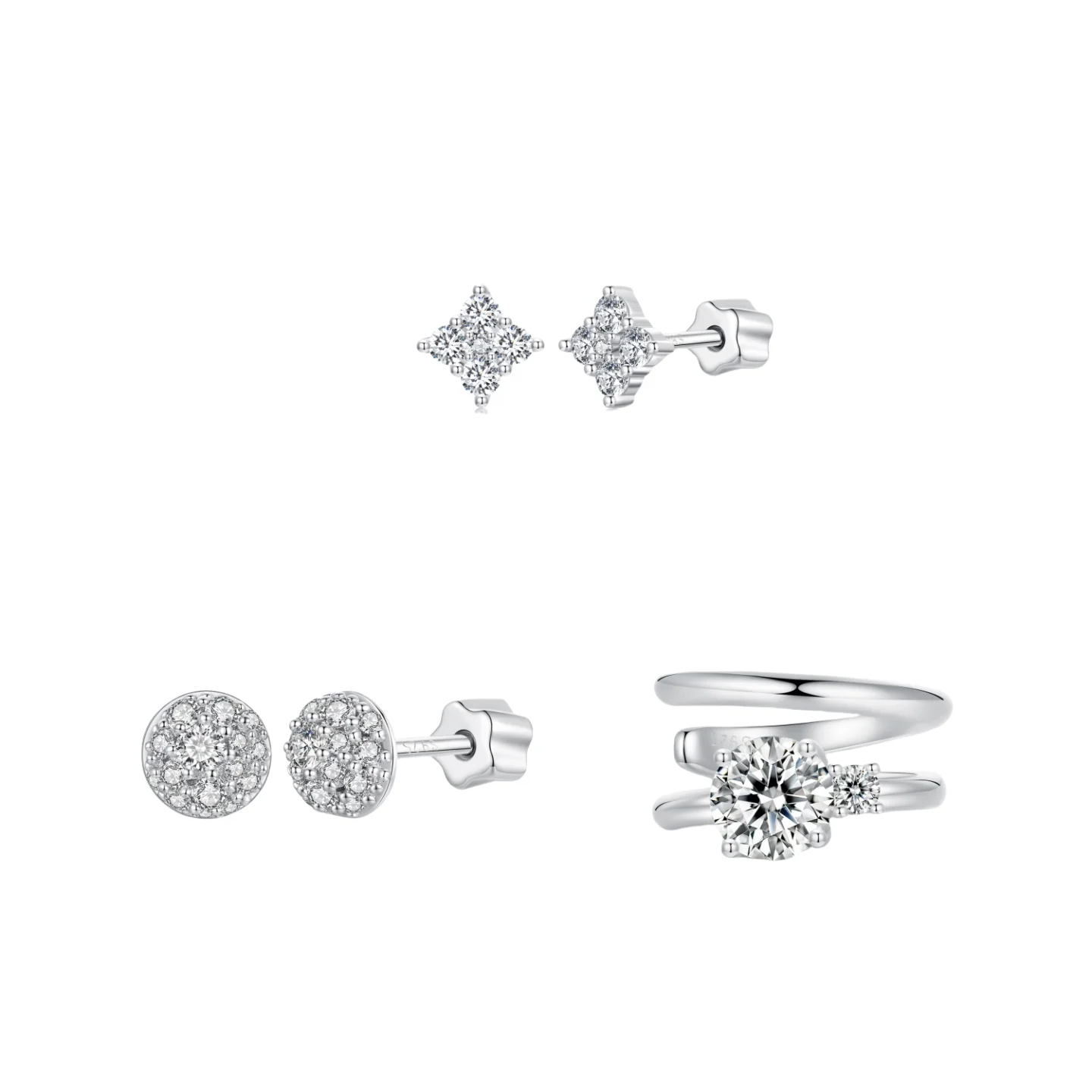 Qings Fashion Design Jewelry 925 Sterling Silver Moissanite Stud Fine Jewelry Four-Leaf Clover Hemisphere Double Layer Earrings