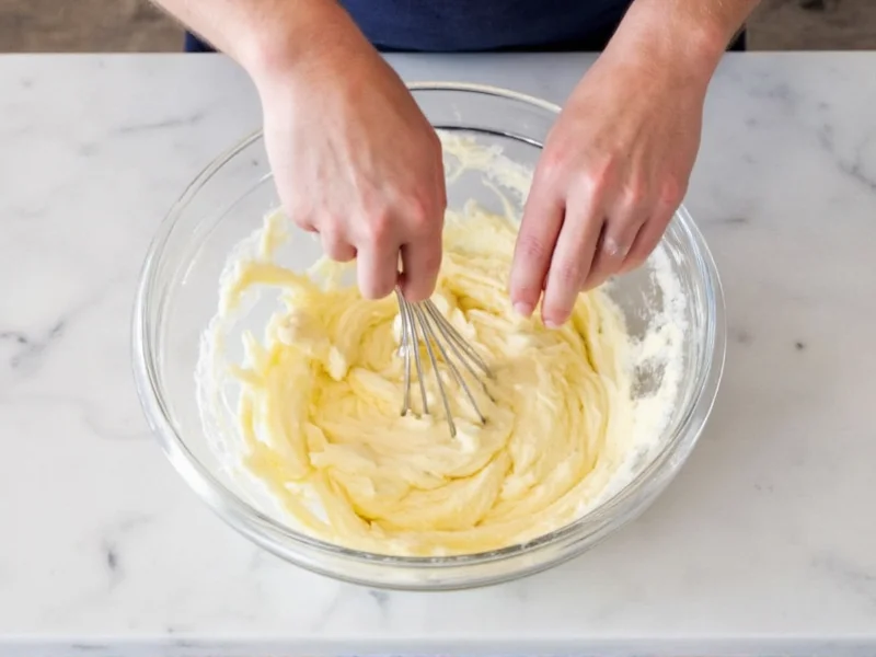 Hands mixing cake batter in glass bowl