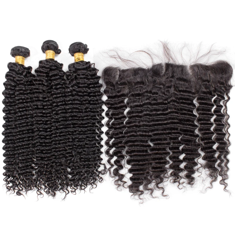 

Factory price 9A deep wave virgin human brazilian hair weave 3 bundles with lace frontal