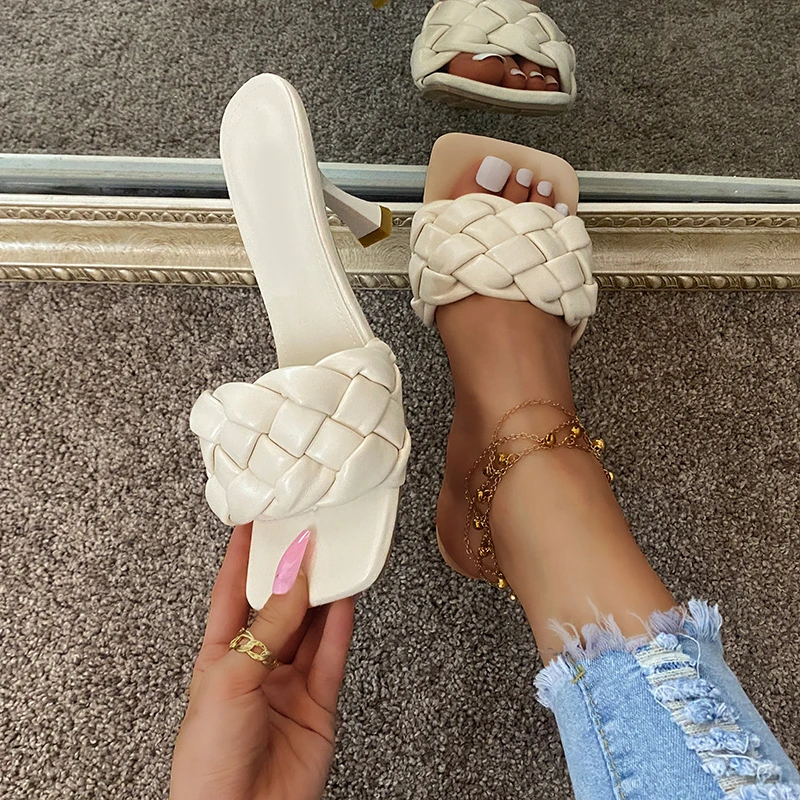 

Summer New Style Weave Women Slipper Ladies Thin Sexy High Heel Sandals Slip-on Comfortable Brown Outdoor Beach Flip Flop Shoes