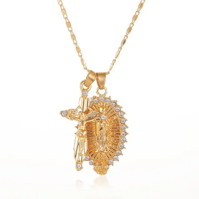 

Golden Cross Necklace Virgin Mary Diamond Double Pendant Necklace
