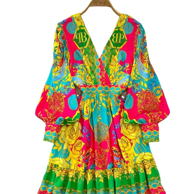

2024 Spring Luxury Clothes Women Deep V-neck Long Sleeve Vintage Print Single Breasted A Line Elegant Casual Mini Dresses