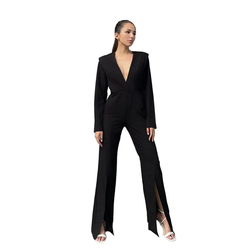 

10909-MX53 deep vneck split solid color micro boot cut sexy long sleeve women jumpsuit sehe fashion