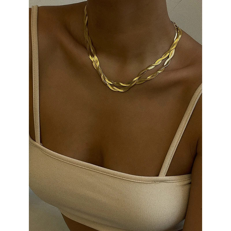 

trendy double snake chain necklace for women stainless steel gold color twisted herringbone chains choker necklaces collar