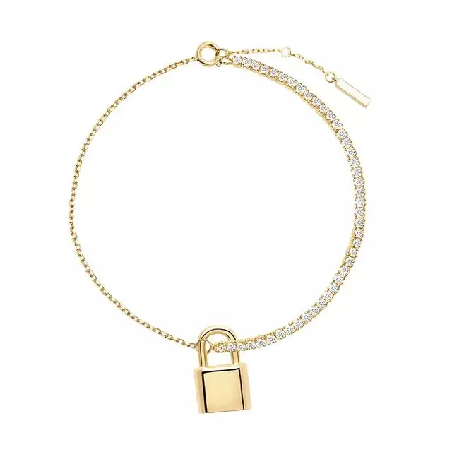 

Simple style delicacy cz thin tennis chain mini lock pendant bracelet for women, Gold