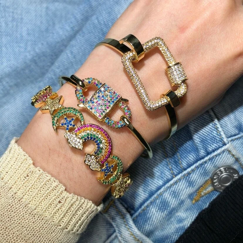 

high quality brass matal colorful clasp cubic zirconia iced out rainbow cuff bracelets bangle set women in stock joias
