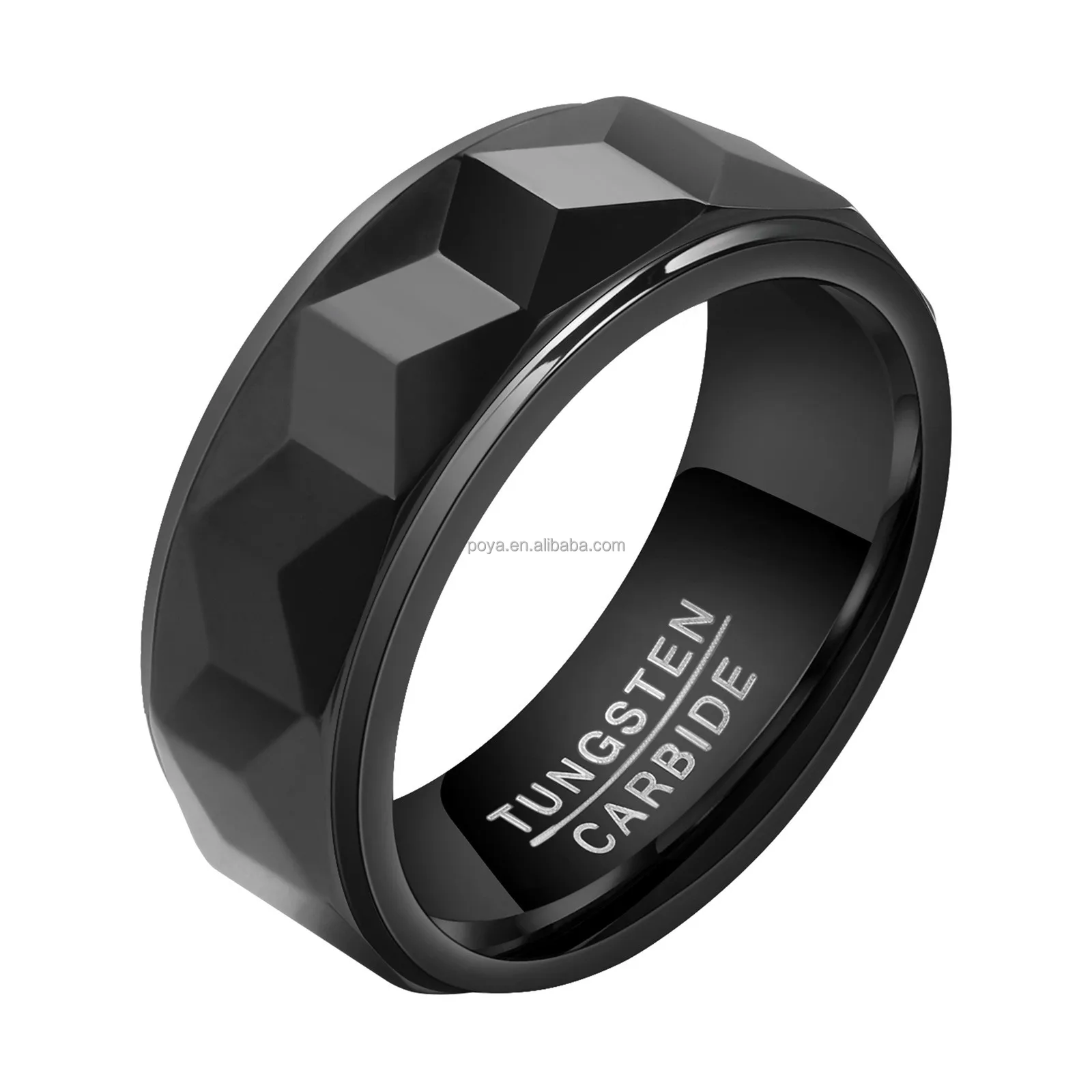 POYA 8mm Black Polished Multi Faceted Tungsten Wedding Band Gold Edges Engagement Ring for Men