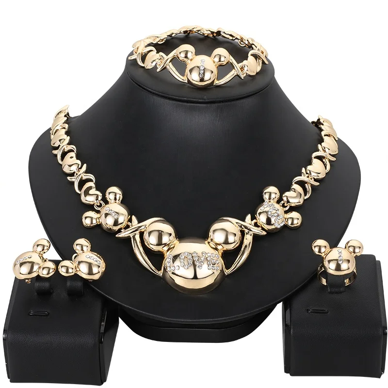 

Plating African Bridal XO Queen Mickey Mouse Jewelry Sets for Women Bracelet Earrings Wedding Crystal Necklace Set Gold Heart