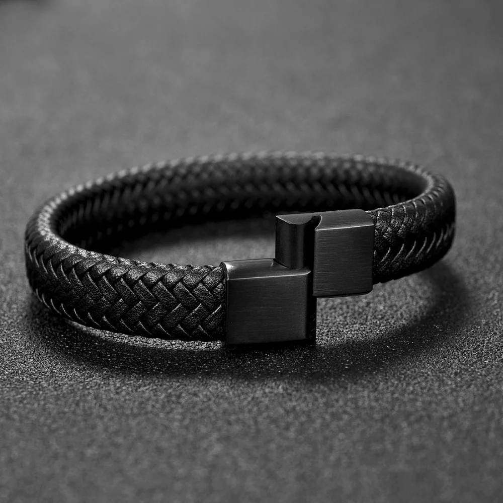 

High Quality braided Wristband custom Leather Bracelets Weave magnetic clasps hand chain For Men Gift Accessories, Black/gold