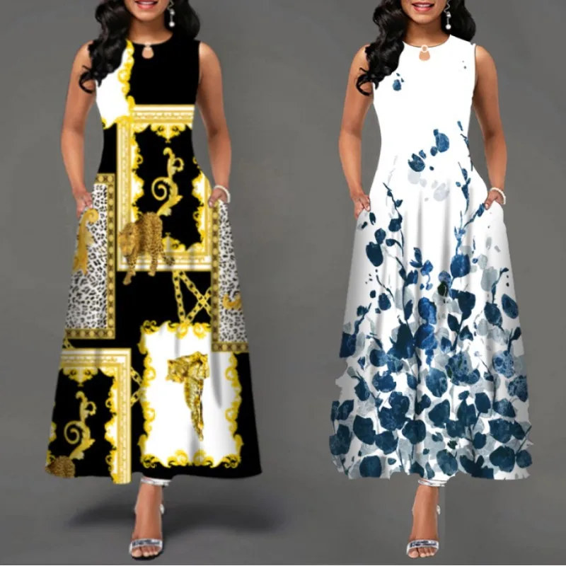 

Bohemia Vintage Robe Floral Printed Casual Pockets Long Dress Women Summer Sleeveless Loose A-Line Dress 2022 Vestidos De Mujer, Shown