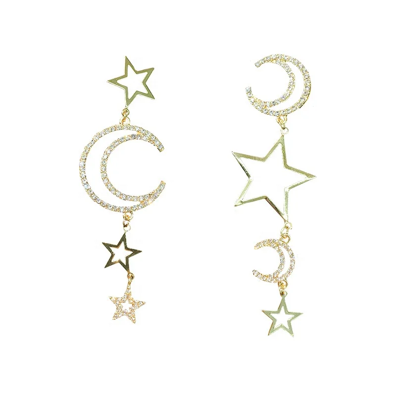 

Long Asymmetry Drop Earrings Star Moon Rhinestone Dangle Earrings for Women Wedding Fashion Jewelry Gifts, Picture shows