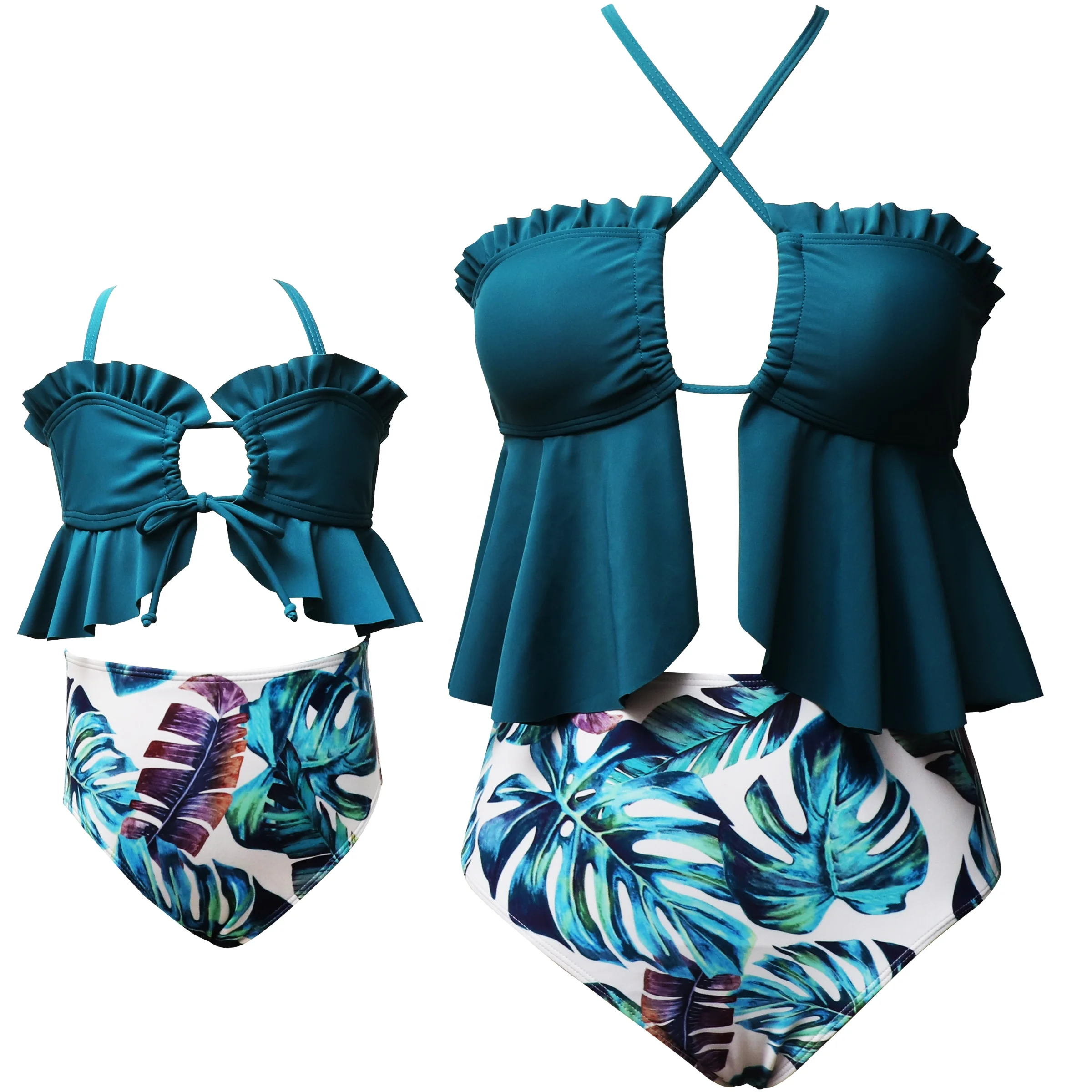 

2021 New mommy and me Swimsuit two piece Ruffled Open Hem Sling Tops with Printed Triangle Bottoms Bikinis Set, #1,#2