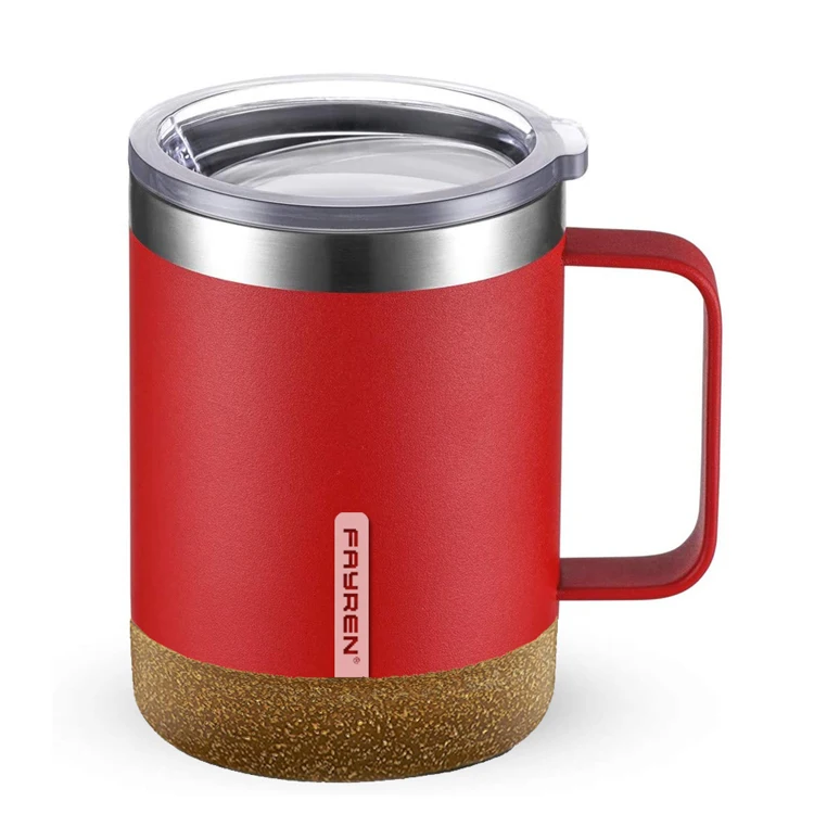

Cork Base 12oz coffee Mug Stainless Steel Travel cup Camping wooden Mug with handle, Silver