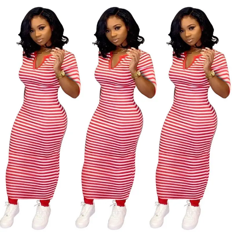 

2019 New Design Fashion Casual Stripe Printed Apparel Mid-sleeve V-neck Dress Maxi Women Clothing, As pictures