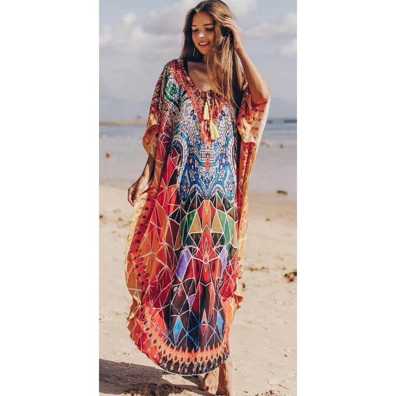 

2021 Casual Clothing Women Beach Print Moroccan Kaftan Dress Long Caftan