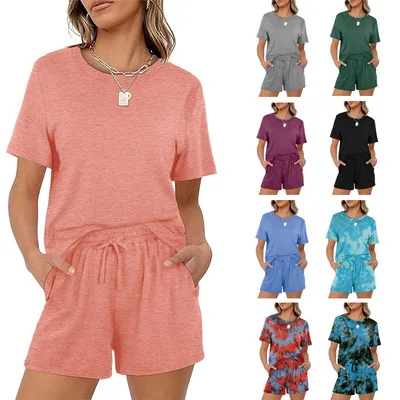 

2021 Hot Sale Solid Women Casual Short Sleeve T-Shirt And Elastic short pants two piece set