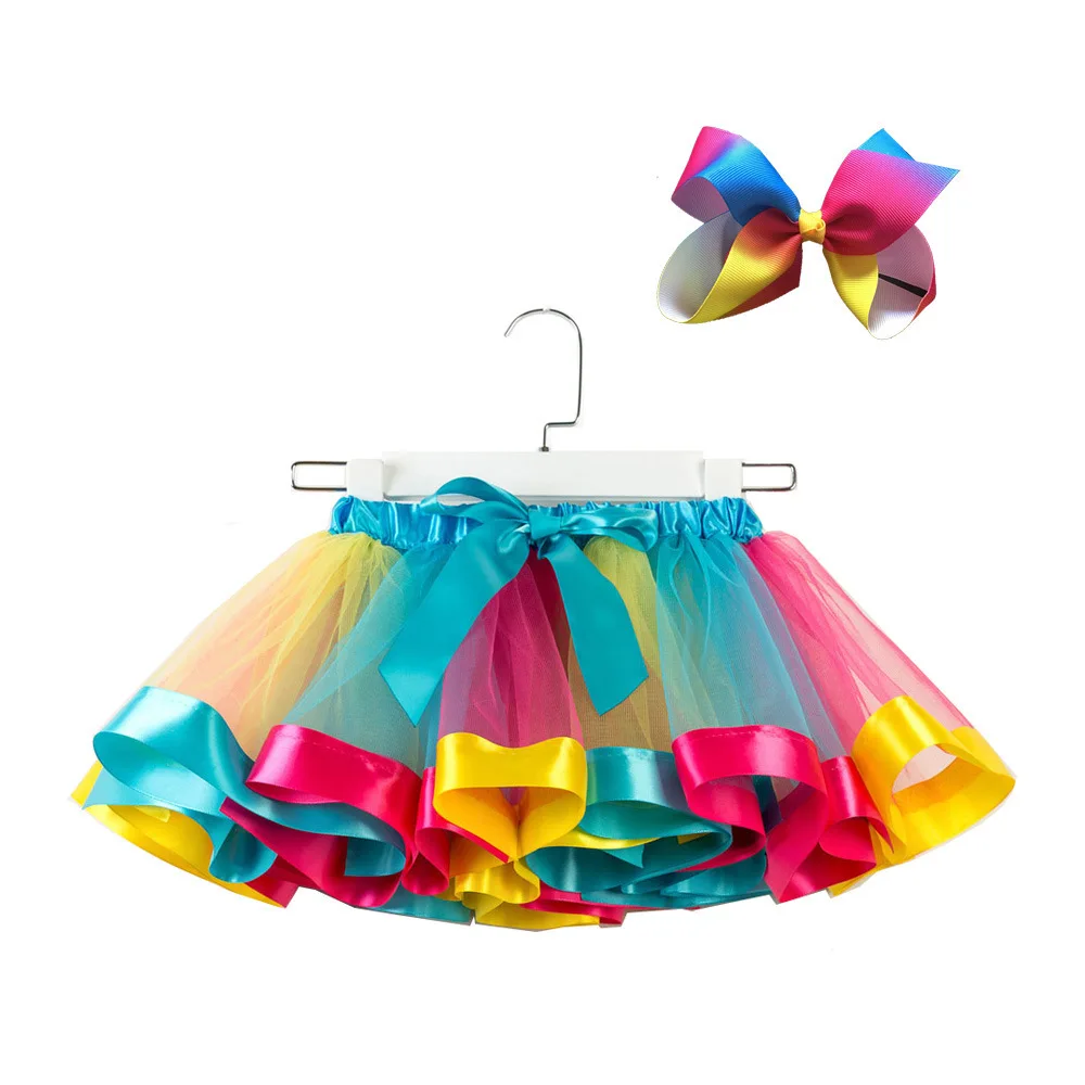 

Rainbow color girls tutu skirt with bow baby girl dance skirts with hairpin 2 layers