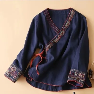 M-3XL Summer Chinese Style Women's Oblique Embroidered Top Art Retro Loose and Improved Hanfu Tea Zen Clothes