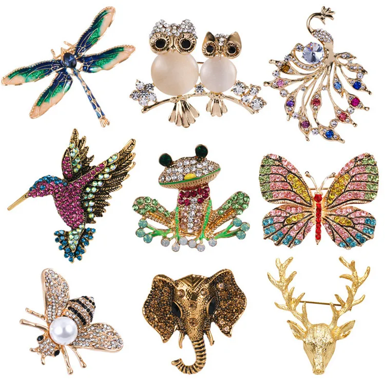 

Wholesale Fashion Crystal Vintage Brooch Pin enamel Dragonfly Butterfly Peacock Frog Owl Animal Brooches For Women Cute Jewelry, Picture shows