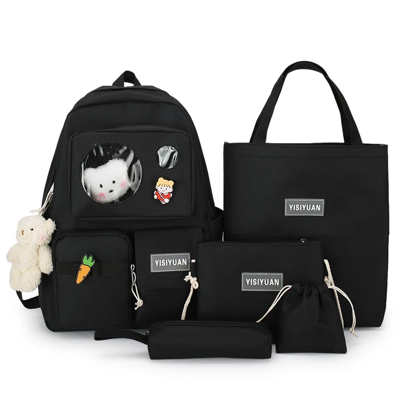 

High quality fashion canvas Japanese style 2021 school backpack set 5 pcs set backpack popular pink school bag