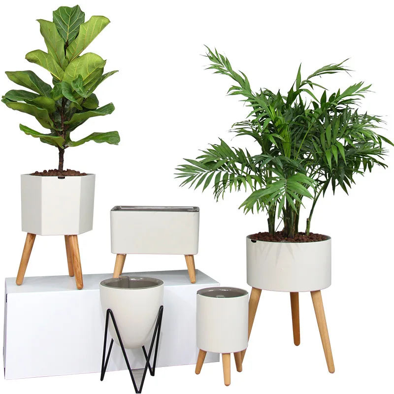 

China Manufacture Nordic Style Intelligent Creative Alarm Large Lazy Flower Pot With Solid Wood Feet, Customized color