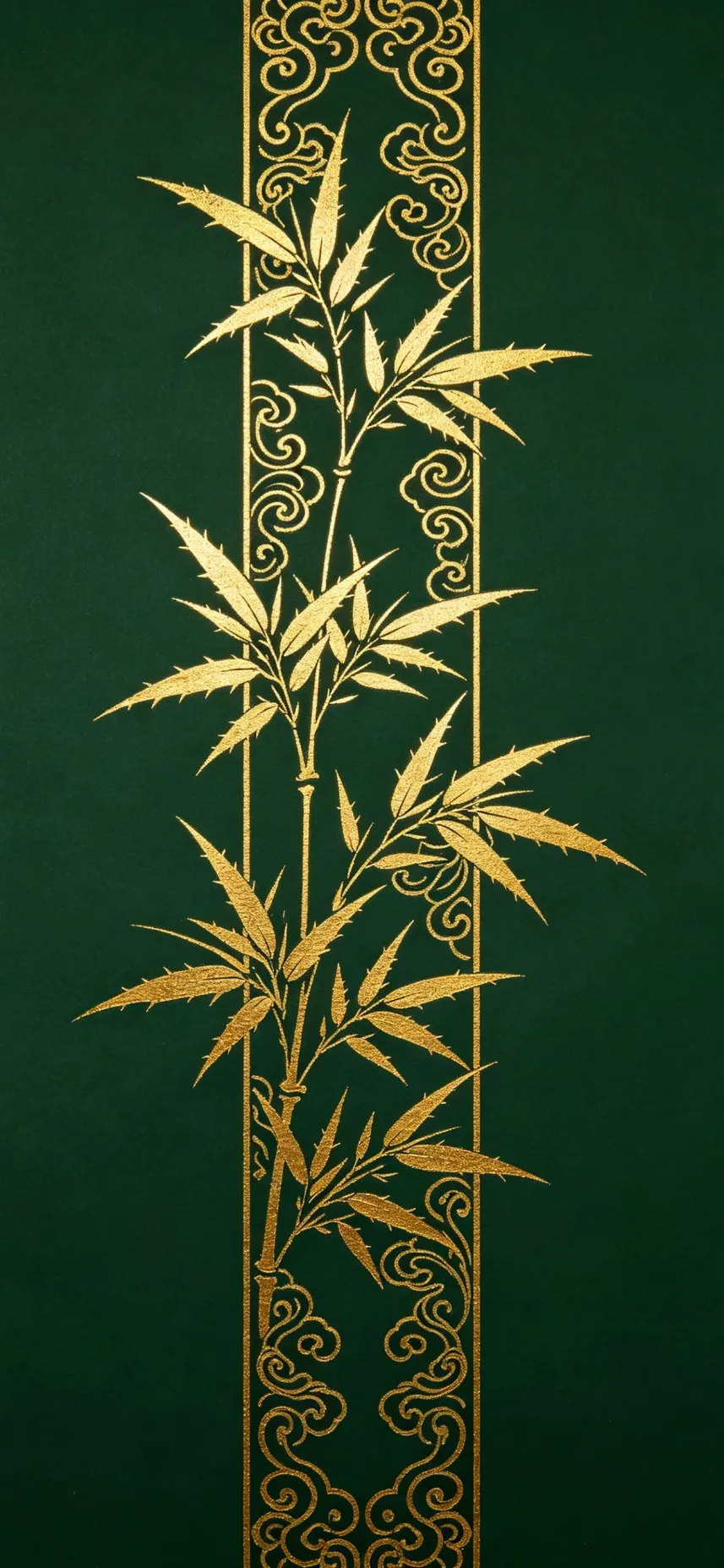 Precision gold foil stamping on dark green packaging — intricate bamboo and cloud pattern with razor-sharp detail