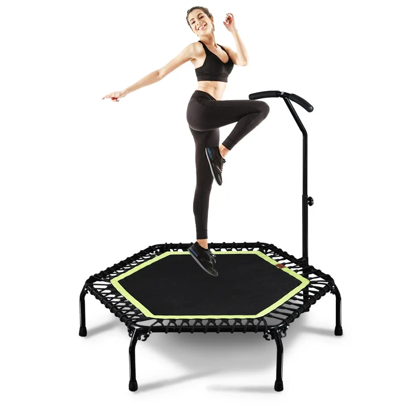 

Top Quality Trampolin Rebounder Jumping Indoor Fitness Kids Safety Hexagon Jumping Bed Mini Trampoline with Adjustable Handrail, Customized color