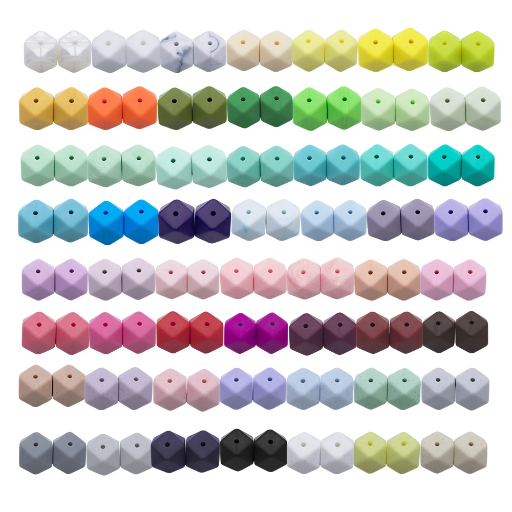 

Food Grade BPA Free Chewable Necklace Soft Teething Loose Hexagon Silicone Baby Beads, 56 colors