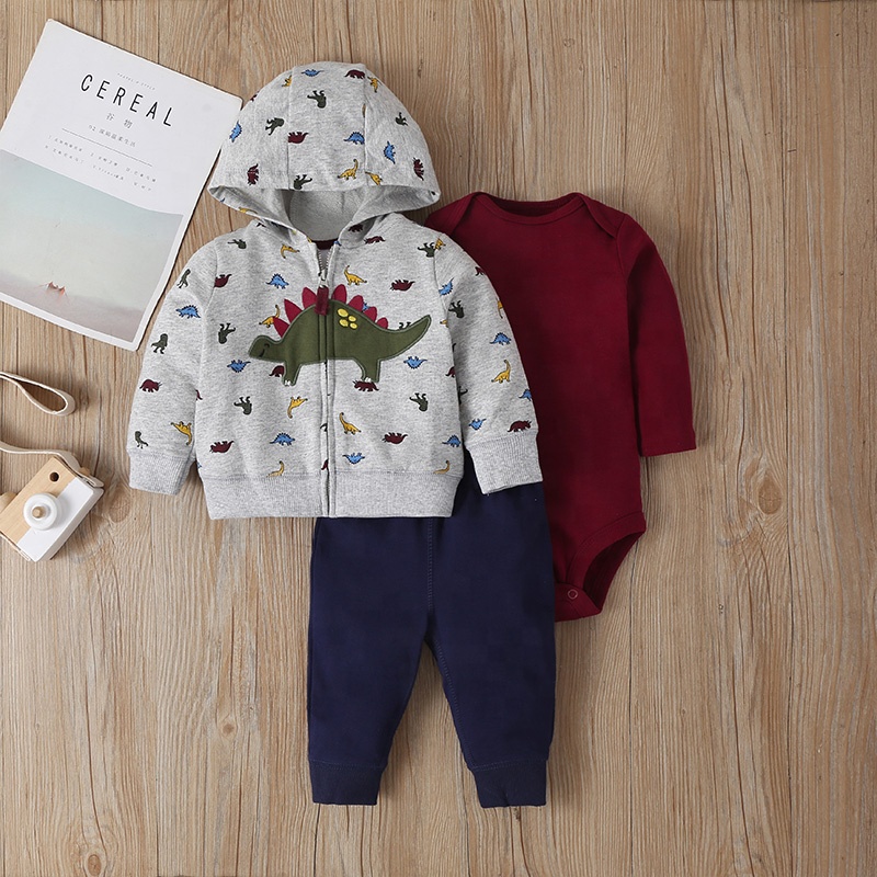 

RTS Wholesale Autumn Cotton Dinosaur Cartoon Pattern Autumn Newborn Hooded Baby Clothing 3pcs Set