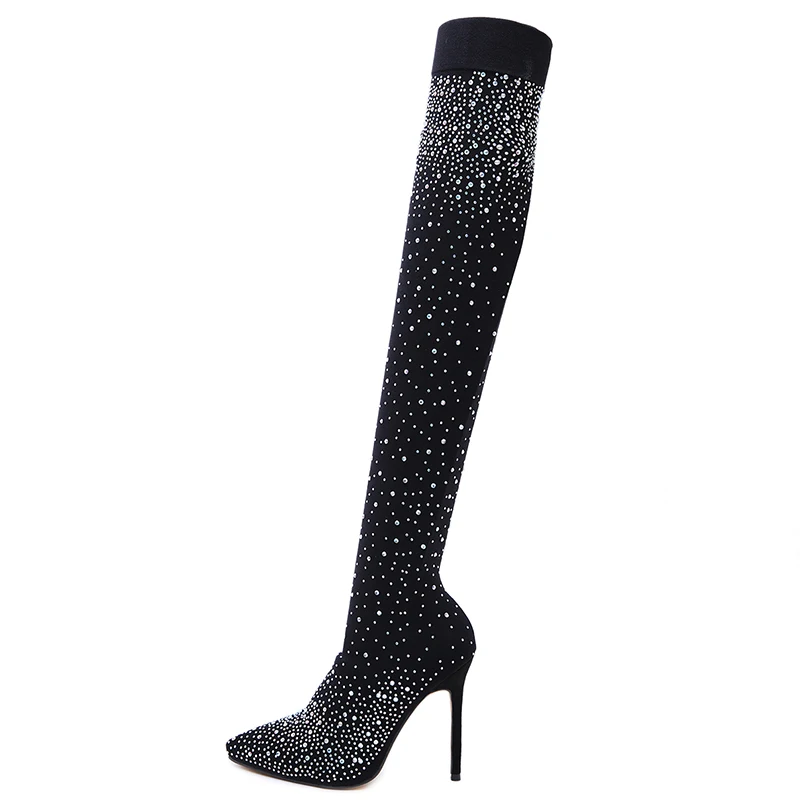 

BL139-21 Ewomen Long Sock Boots High-heeled Luxury Rhinestone over the Knee Boots Pointed Celebrity women's shoes black