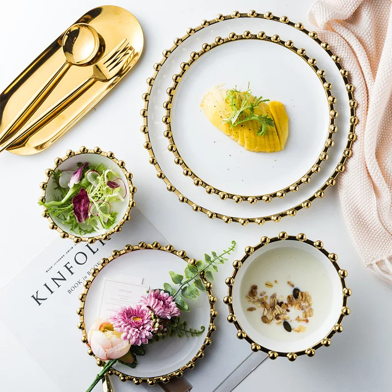 

New item luxury ceramic porcelain dinner plate with gold rim for wedding, White