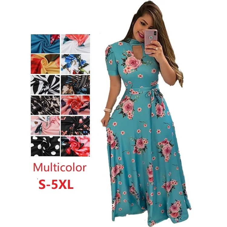 

D037 2021 Summer Women Clothing Short Sleeve Plus Size Long Maxi Floral Print Casual Dress, Customized color