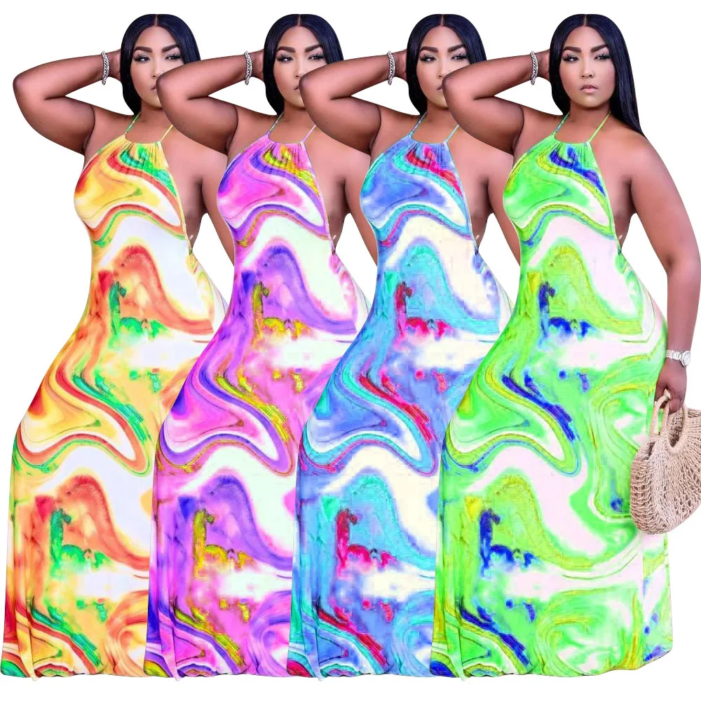 

QC - D8261 Sexy tie dye maxi dress newest fashion halter neck dress sleeveless causal fashion breathable tie dye dresses, Customized color