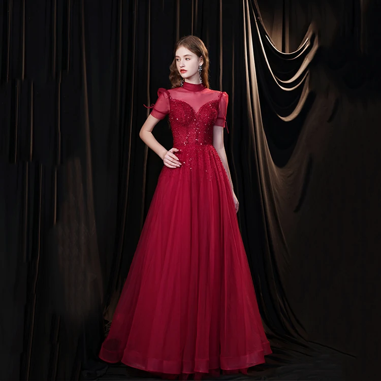 

Beautiful Design Ladies Shiny Elegant Collar Short Sleeve Backless Luxury Red Wine Evening Dress