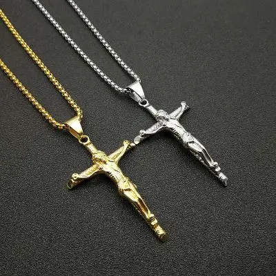 

2020 Hot Sale Rock Style Stainless Steel Crucifix Charm Necklace Gold Plated Christian Jesus Pendant Necklaces For Men's Jewelry