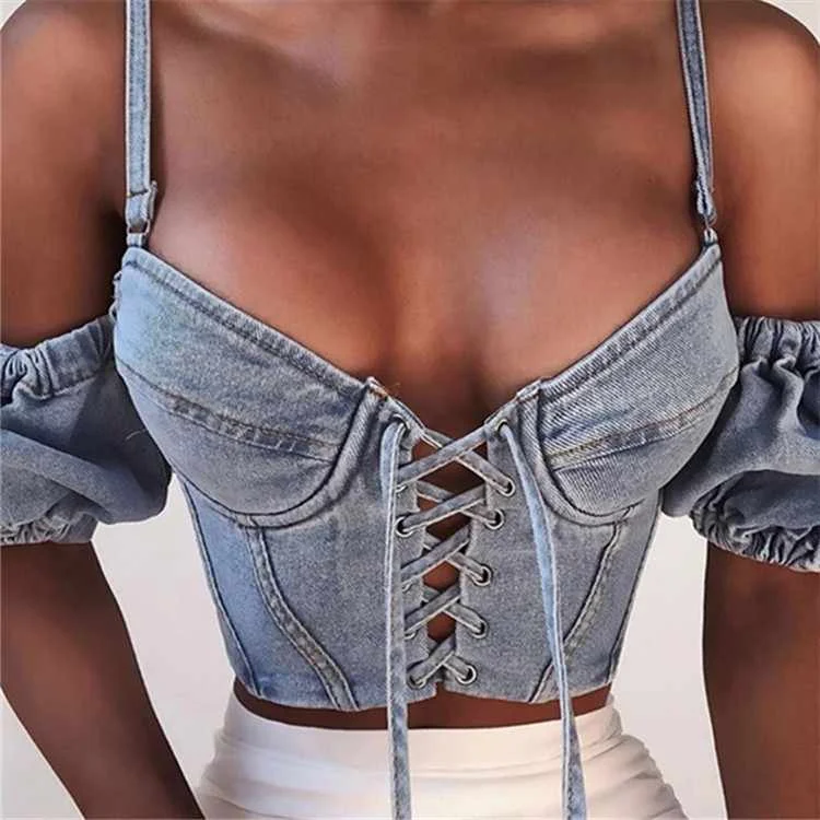 

Mzl's Love Women's New Hot Sale One-shoulder Denim Top